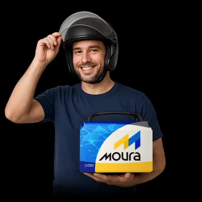 Entregador com bateria Moura e capacete de moto